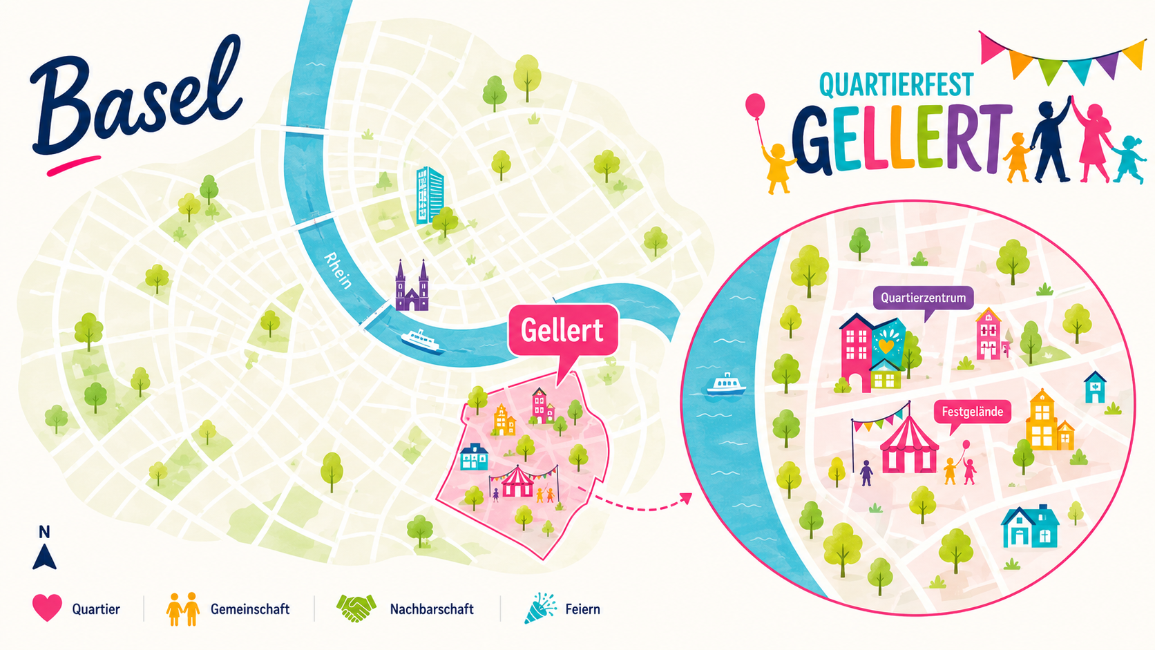 Illustrierte Karte von Basel mit hervorgehobenem Gellert-Quartier und Festgelände